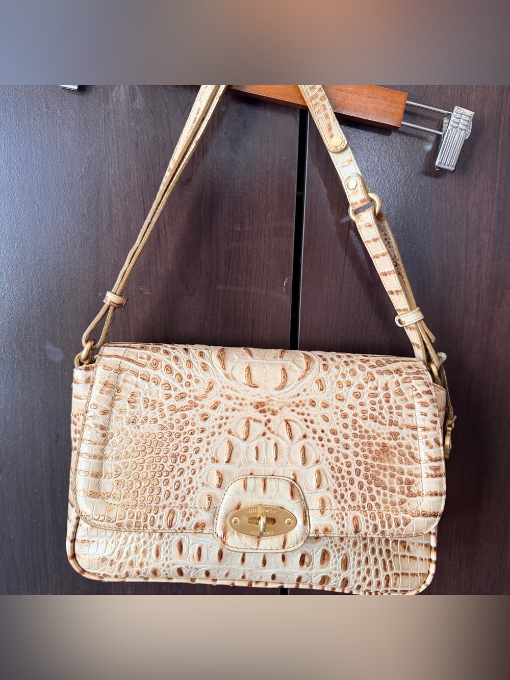 Brahmin Cream/Camel Croc-Embossed Leather Shoulder Bag